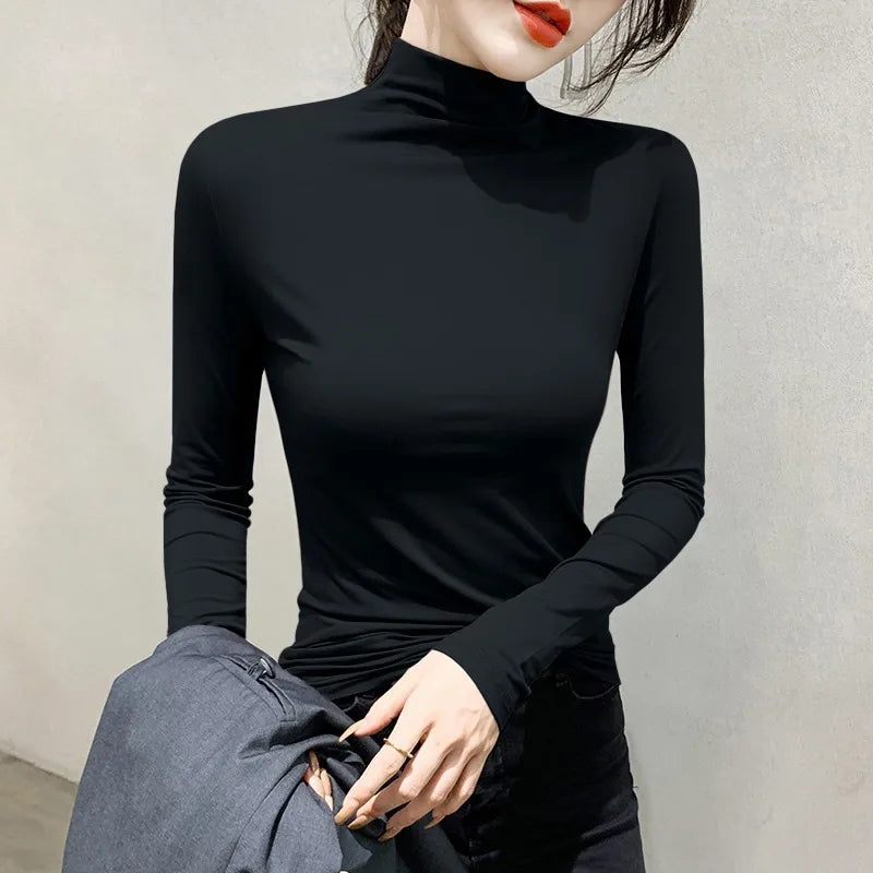 2024 Women’s Black Turtleneck Long Sleeve T-Shirt | Elegant Modal Y2K Korean Fashion Top for Autumn & Winter