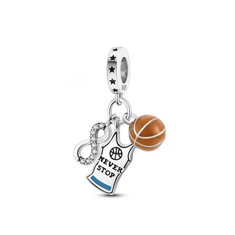 925 Sterling Silver Sports Charms – Football, Baseball, Tennis, Dumbbell Pendants Fit European Bracelets