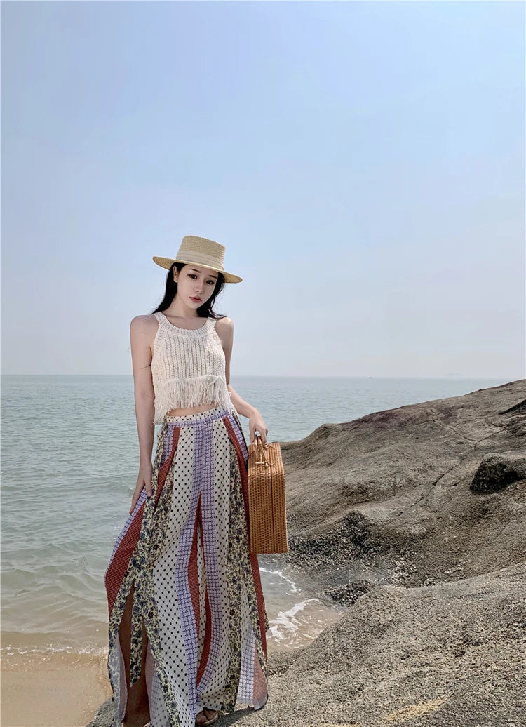 Vacation Style High Waist Wide Leg Pants – Thin Long Ethnic Print Pants for Beach & Holiday Wear