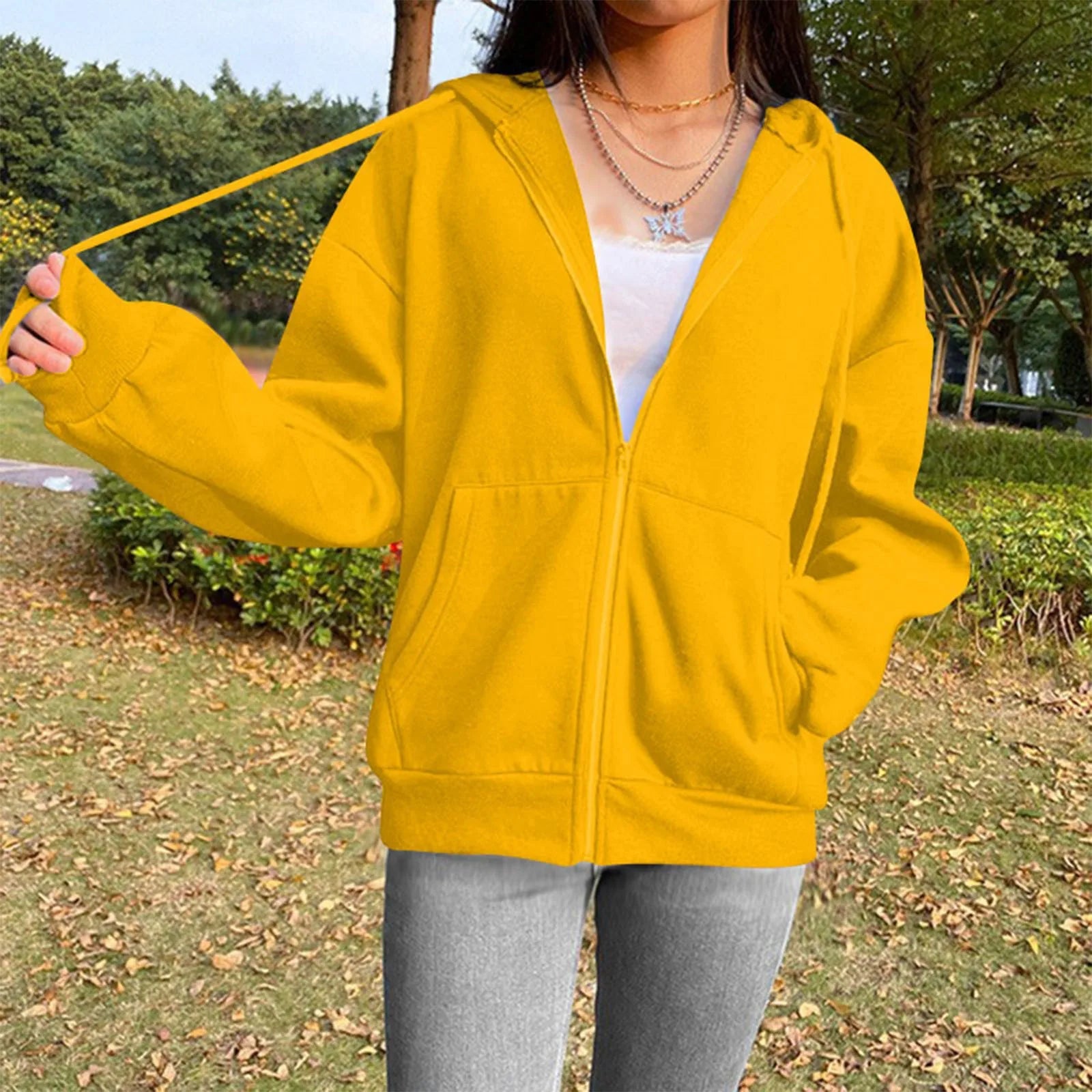 Spring Autumn Women Solid Color Hooded Sweatshirt Coat | Zipper Pocket Hoodie Jacket | Casual Outerwear Femme