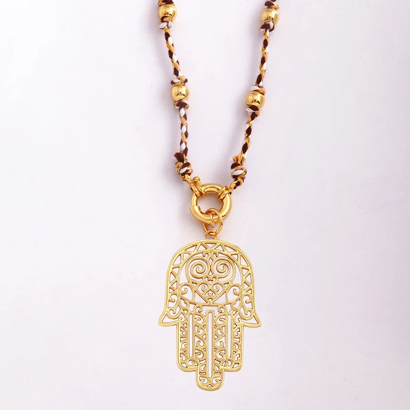 Star Celestial Evil Eye Beaded Necklace Boho Long Knot Cotton Cord Jewelry