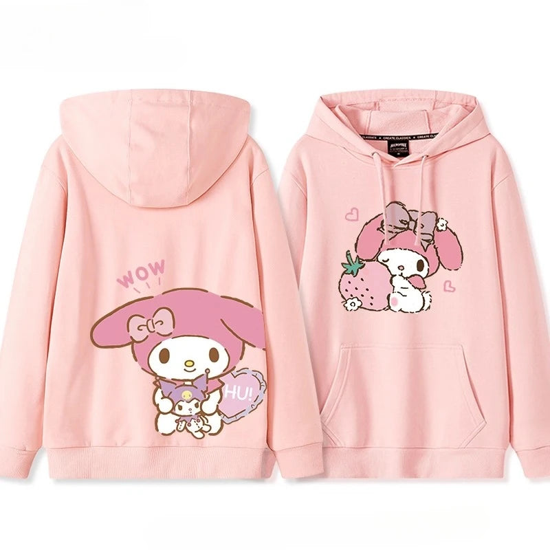 Japanese Retro My Melody Hoodie – Soft Strawberry Print Loose Casual Cute Girl Top 🍓🎀