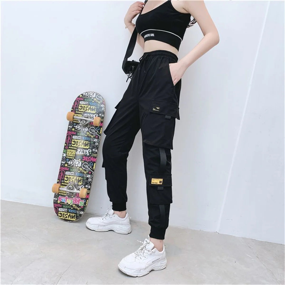 Black Cargo Pants for Women | High Waist Loose Joggers | Korean Hip Hop Streetwear Trousers