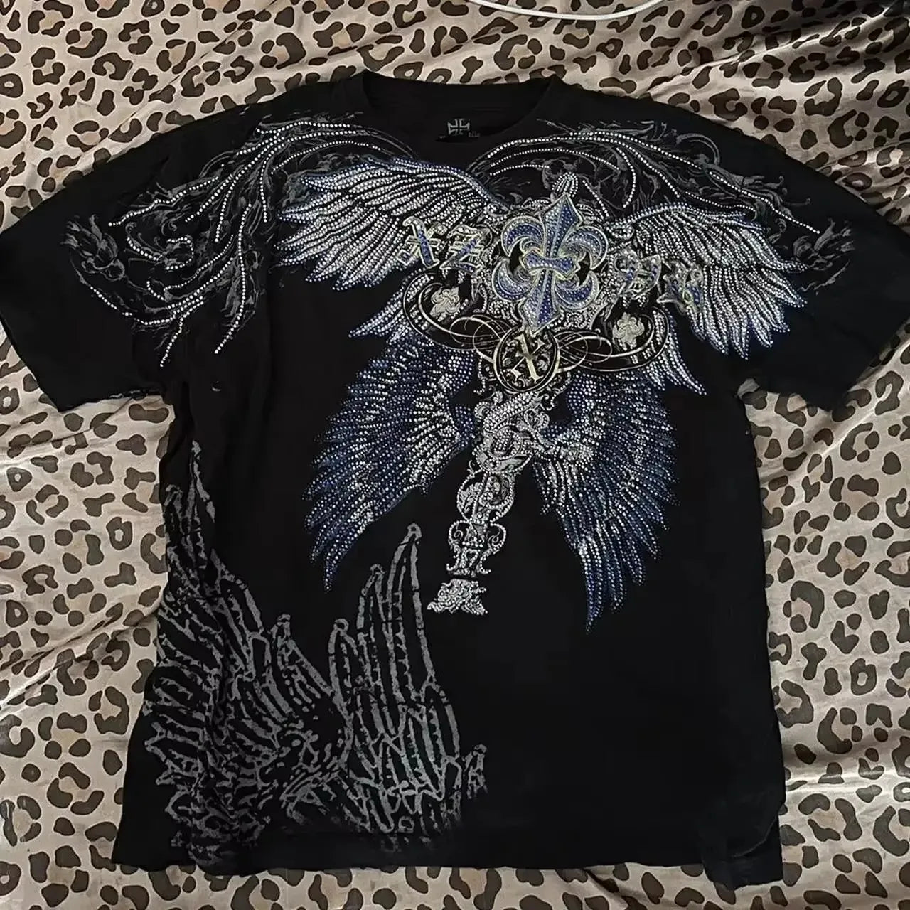 Vintage Avirex Black Short Sleeve T-Shirt | Rhinestone Double-Sided Print Retro Streetwear Top