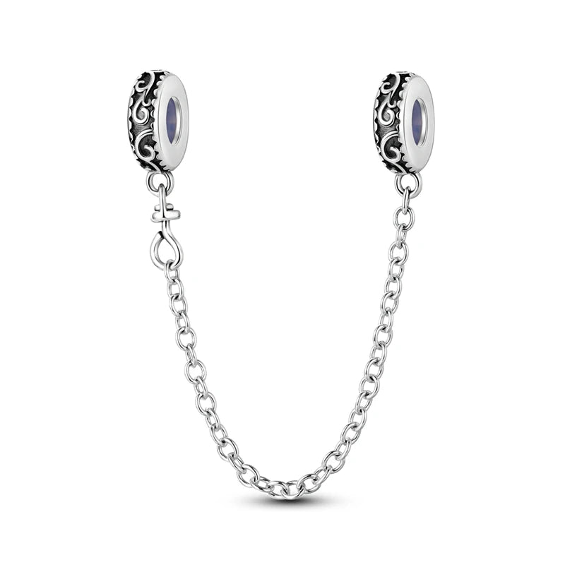 925 Sterling Silver Safety Chain & Clip Charms – CZ Pave Round Beads Fit Pandora Bracelet DIY Jewelry Making