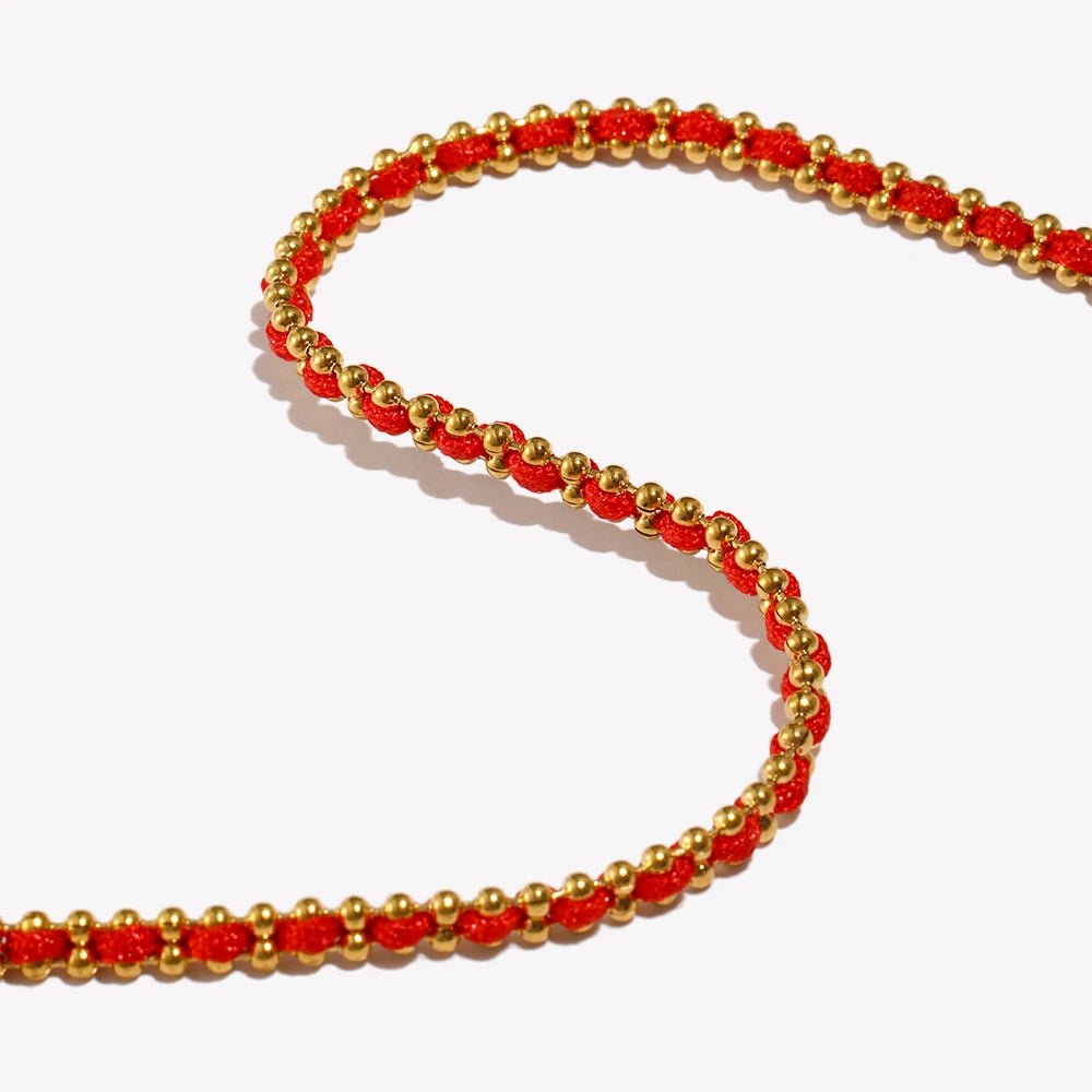 E.B.belle Lucky Red Rope Bracelet | 18K Gold Plated Stainless Steel Round Beads Unisex Fashion Jewelry Gift