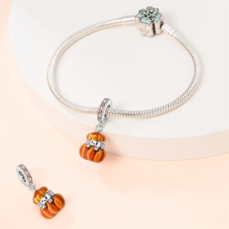 925 Sterling Silver Squirrel & Maple Leaf Charm | Shiny Zircon Autumn Beads Fit Pandora Bracelet DIY Jewelry