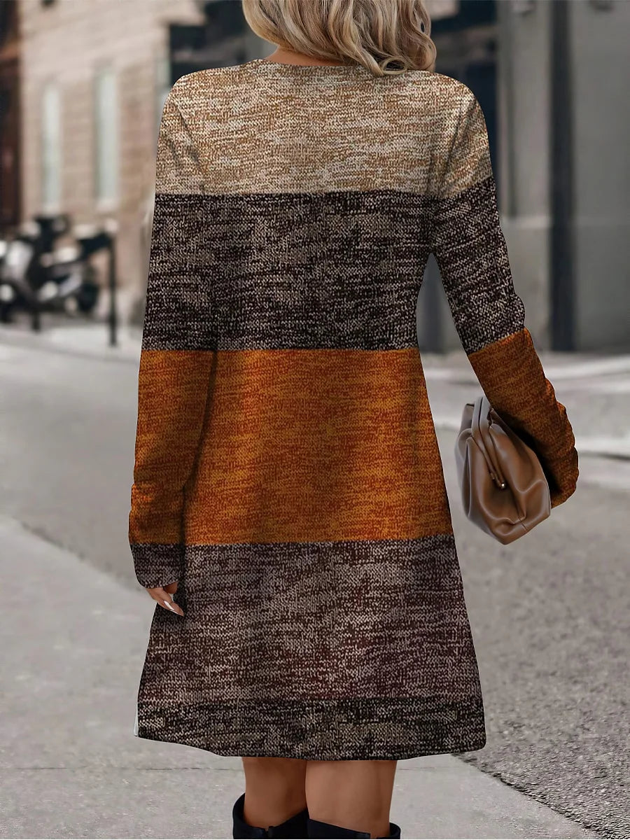 Women’s Colorblock Round Neck Slim Fit Dress – Long Sleeve Elegant Casual Dress for Halloween, Christmas, and Holiday Season