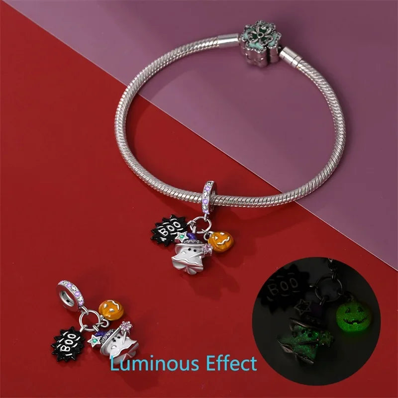 925 Sterling Silver Halloween Luminous Skull & Pumpkin Charms | Fits Original Pandora Bracelet | Party DIY Jewelry Gift