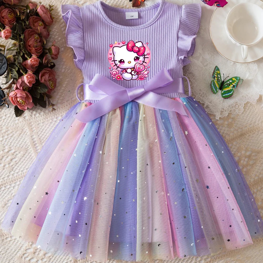 Hello Kitty Flying Sleeves Bow Sequin Princess Dress for Girls | Birthday Party Tutu Dress | Fluffy Baby Girl Dress 1–5 Years