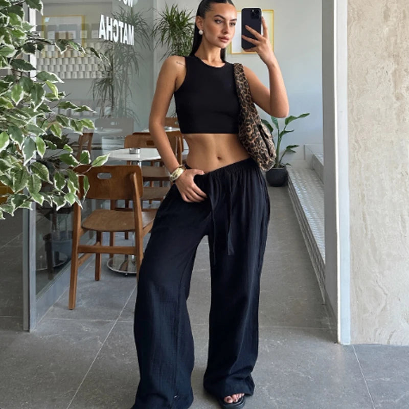 HXAO Women’s Baggy Wide Pants – Summer Linen Casual High Waist Pleated Trousers Black & White