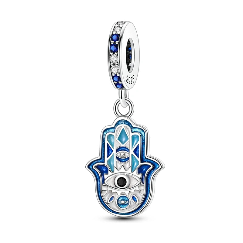 Blue 925 Sterling Silver Rotating Evil Eye Palm Moon Starry Sky Charms | Fit Original Bracelet Pendant Women Jewelry