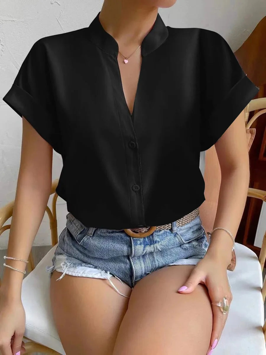 Women’s Summer V-Neck Blouse 2024 – Solid Color Short Sleeve Button Office Top 👚☀️