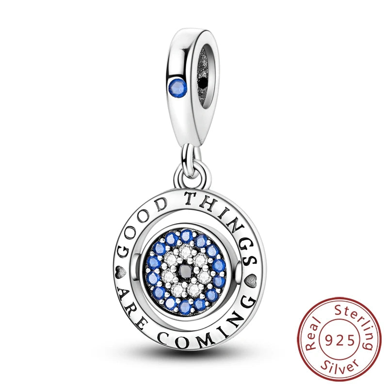 Blue 925 Sterling Silver Rotating Evil Eye Palm Moon Starry Sky Charms | Fit Original Bracelet Pendant Women Jewelry