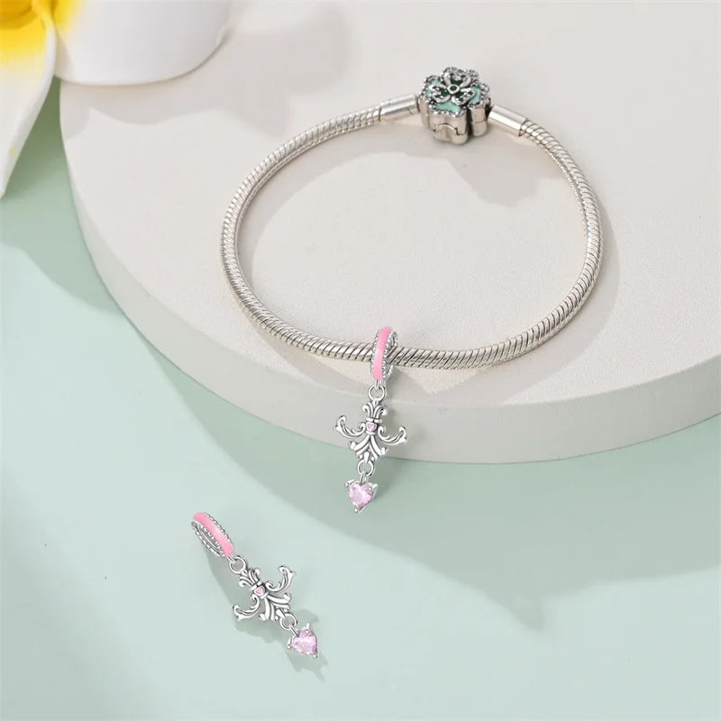 925 Silver Plated Magic Mirror Princess Angel Pink Charm Beads | Fits Original Pan 925 Bracelet | Exquisite DIY Jewelry