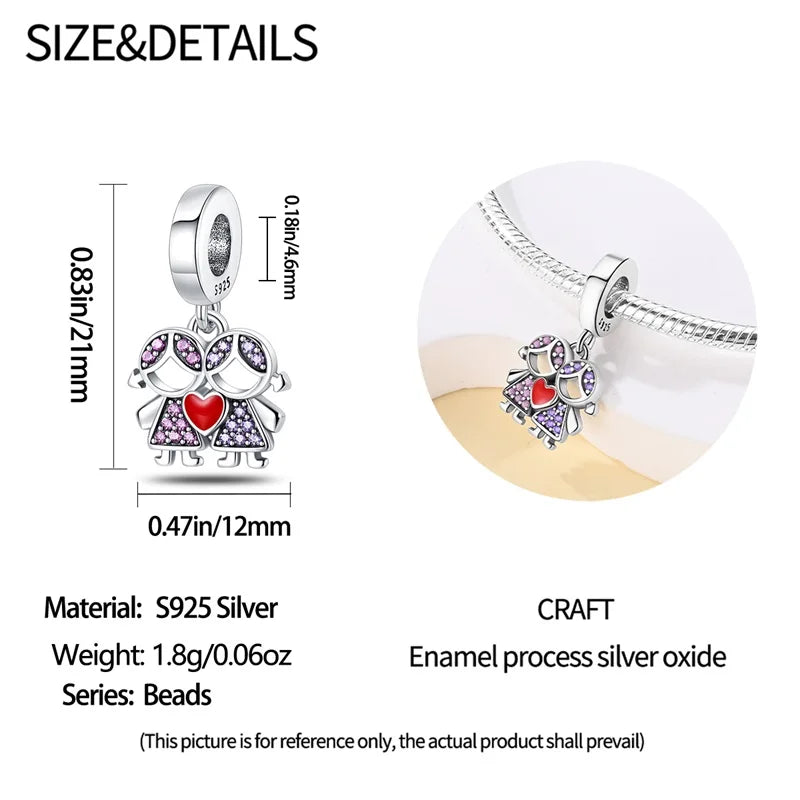 925 Sterling Silver Sweetheart Sister Charm | Fit Original Pandora & 3mm Bracelets DIY Jewelry Gift for Women