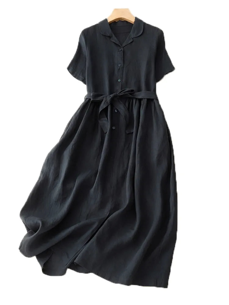 Pure Linen Shirt Dress – Women's Summer Lightweight Breathable Long Dress, Loose Plus Size with Slimming Belt