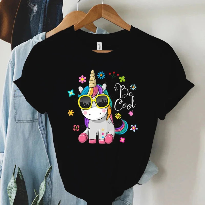 Women’s Cool Unicorn Print T-Shirt | Y2K Aesthetic Harajuku Graphic Short Sleeve Summer Top
