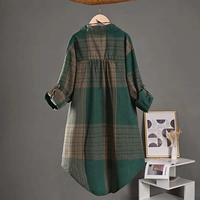 Women’s Checkered Linen Shirt – Buttoned Long Sleeve Vintage Elegant Blouse 👚✨
