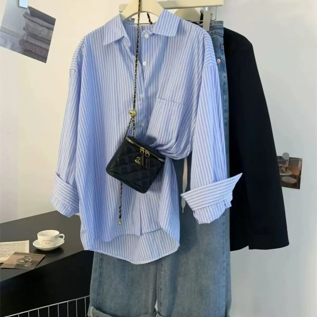 Retro Lazy Style Blue Striped Women’s Long Sleeve Shirt | Spring Autumn Design Sense Outerwear Blouse