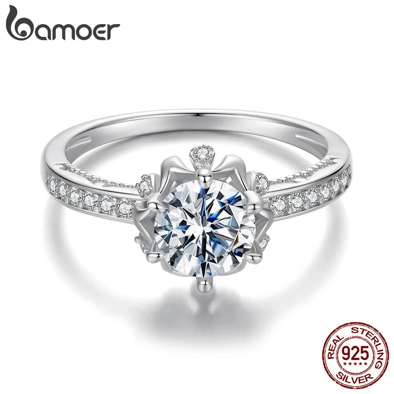 BAMOER 1ct D Color VVS1 Moissanite Flower Ring – 925 Sterling Silver Solitaire Engagement Ring for Women