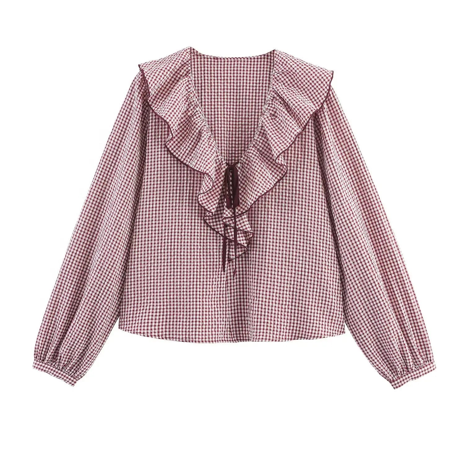 BSAY Bow Plaid Shirt Women – 2025 Fall French V-Neck Long Sleeve Ruffled Blouse 🍂👚🎀