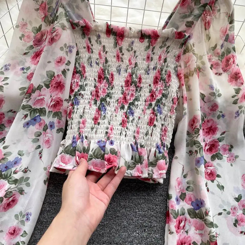 Pink Floral Chiffon Blouse for Women – Square Collar Lantern Sleeve Korean Summer Top 2024 🌸👚
