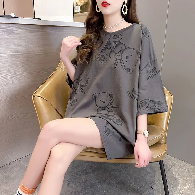 Plus Size Women’s Cartoon T-Shirt | Summer Loose Fit Top | Korean Style Short Sleeve Round Neck