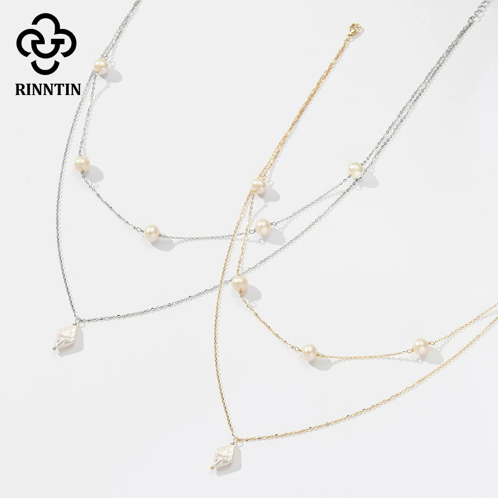 Rinntin 925 Sterling Silver Layered Natural Pearl Necklace | Geometric Pendant Luxury Jewelry