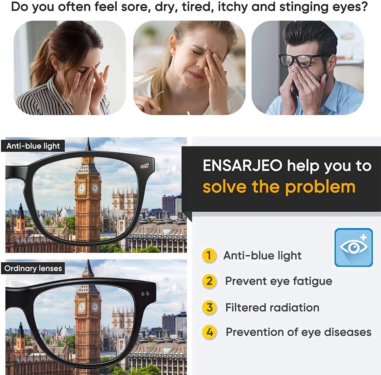 Blue Light Blocking Glasses – Square Nerd Frame Eyeglasses for Computer & Gaming | Anti Blue Ray Glasses