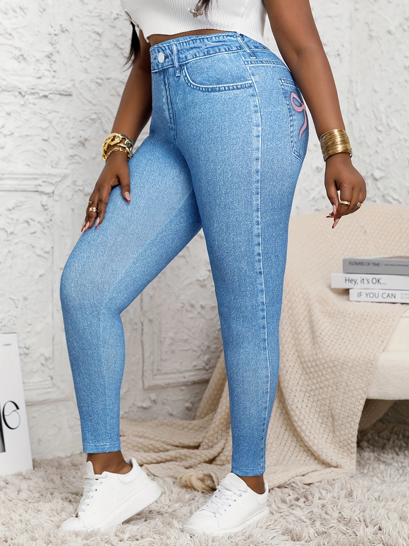 Plus Size High-Waisted Skinny Jeans – Faux Denim Printed Stretch Leggings with Distressed Effect