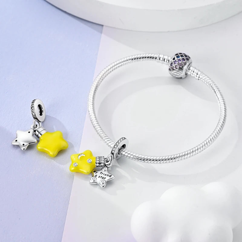 925 Sterling Silver Golden Zircon Saturn Flower Butterfly Charm Bead Fit 3MM Original Bracelet Women DIY Jewelry