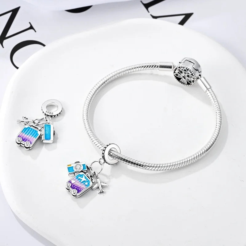 925 Sterling Silver Travel & Luggage Attractions Zircon Charm Beads | Fit Pandora Bracelet