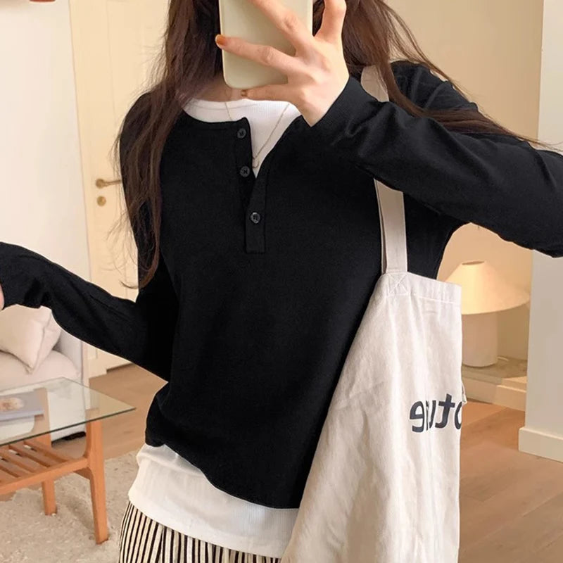 Slimming Effect Pure Cotton Long Sleeve Top – Women’s Loose Fashionable Base Shirt Spring Autumn 2025