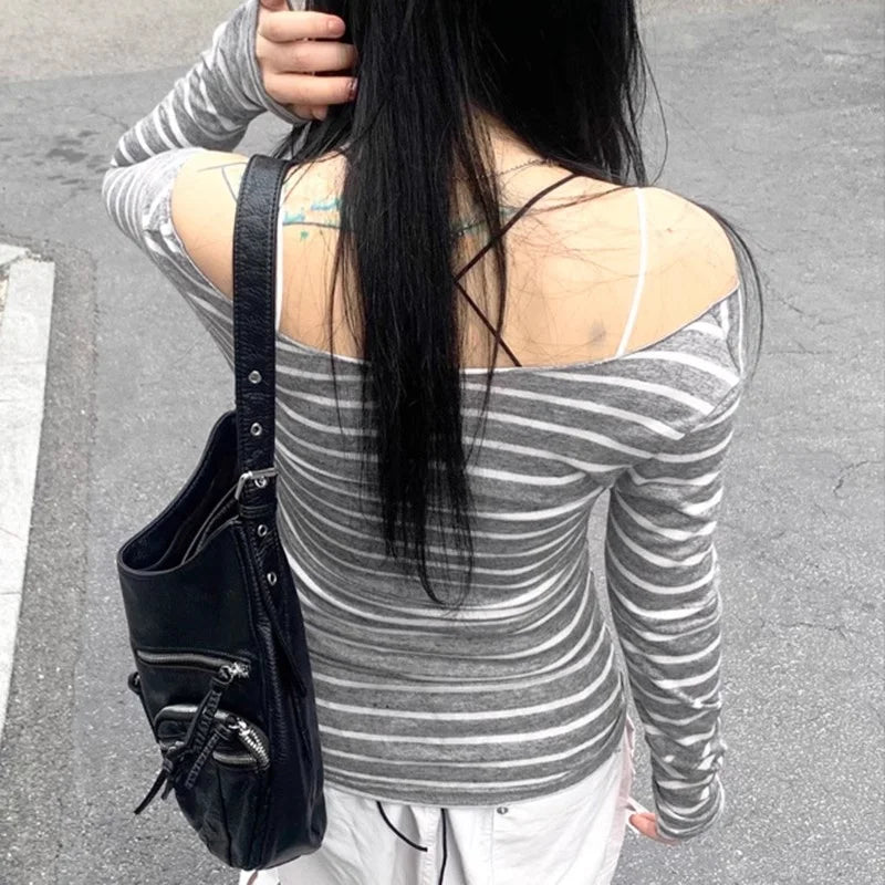Y2K Grunge Emo Vintage Striped Off Shoulder Long Sleeve Top for Women – Black Grey Retro Goth Tee
