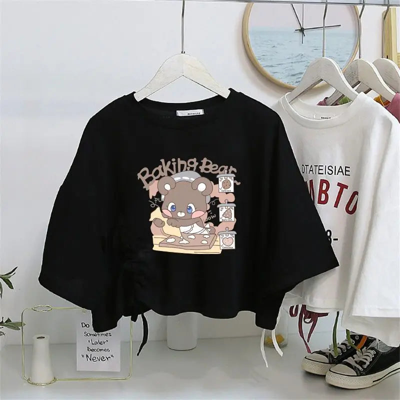 Women’s Drawstring Cotton T-Shirt | Loose O-Neck Drop Sleeve Pullover | Spring Summer Casual Solid Knit Top