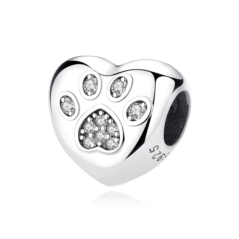 Original Sterling Silver Pet Paw Charm | Love Dog Cat Print Beads for Pandora Bracelets & DIY Jewelry