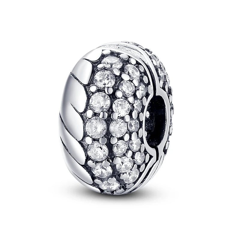 925 Sterling Silver CZ Pave Daisy Clip Charm & Safety Chain – Fits Original Pandora Bracelet, Women’s Silver Stopper Beads Jewelry