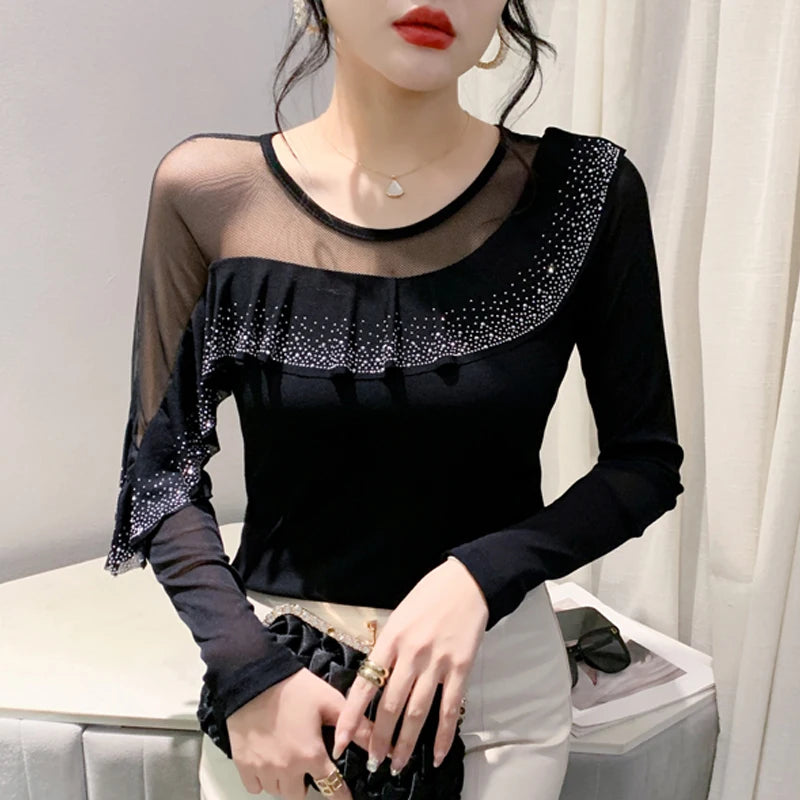 2025 Autumn Women’s Mesh Top – Korean Round Neck Ruffles & Diamond Detail Long Sleeve T-Shirt 🍂✨