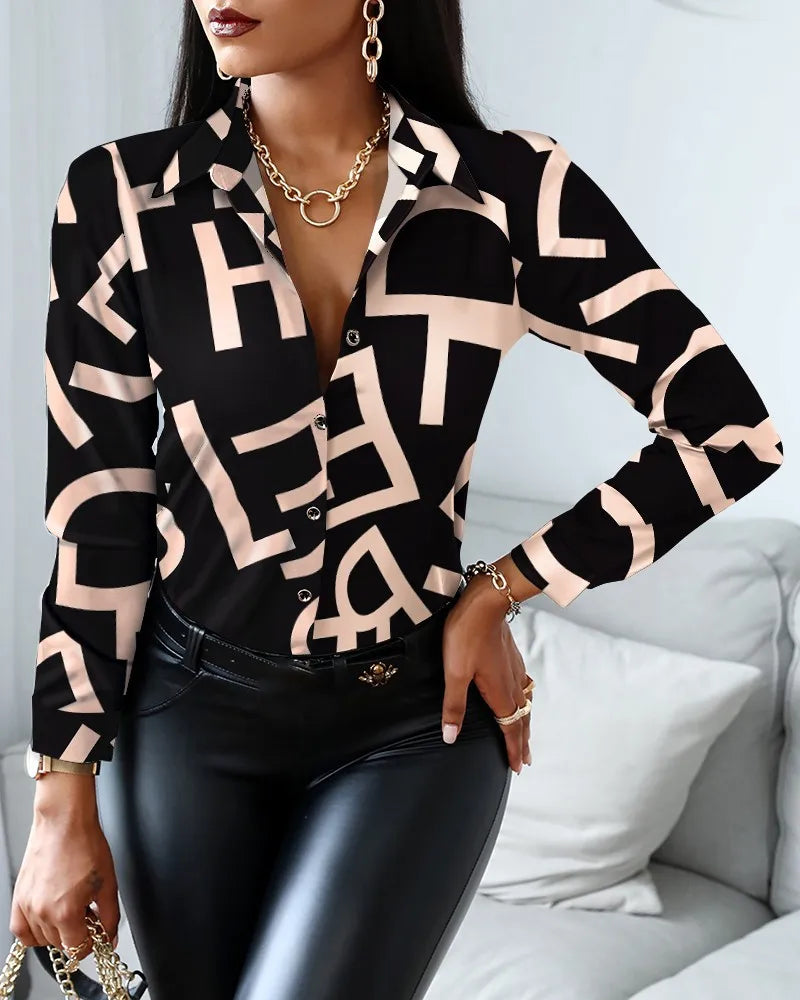 Elegant Women’s Digital Print Blouse – Spring Summer Slim Fit Office Commuter Shirt ✨👚
