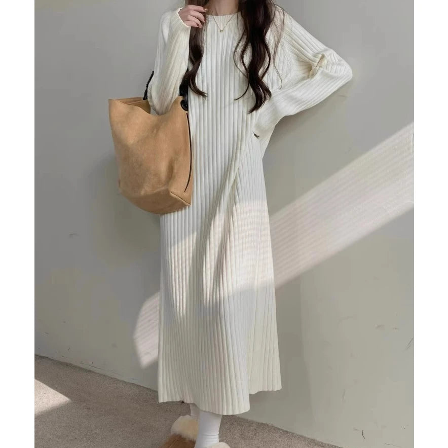 Plus Size Women’s Mid-Length Dress – Casual Round Neck Long Sleeve A-Line H-Line Skirt for Autumn Winter