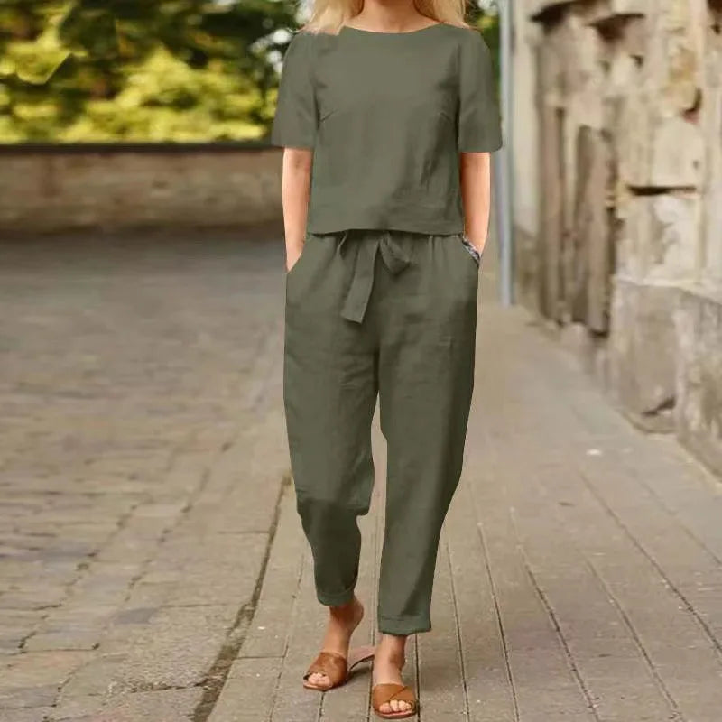 Casual Elegant Ladies 2 Piece Set – Spring Cotton Linen Long Sleeve Top & Loose Pants Set 🌸👚👖