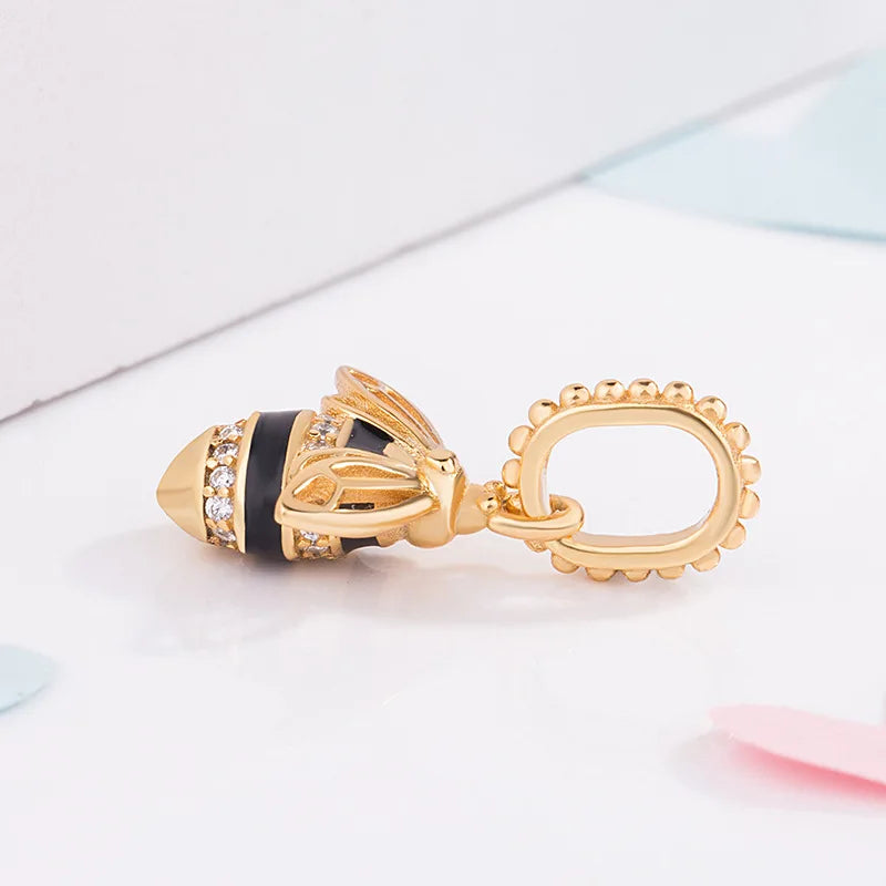 925 Sterling Silver Black Enamel Gold Queen Bee Charm Pendant Fit Pandora Bracelet & Necklace