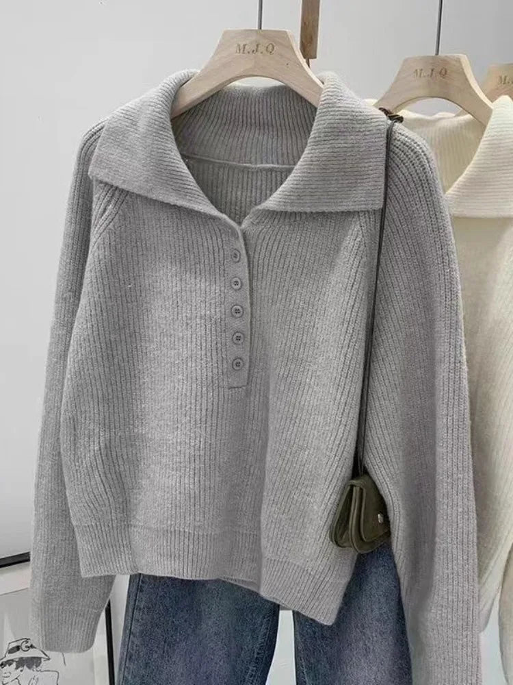 Pink Lazy Korean Style Big Collar Sweater – Women’s Autumn Winter Slim Soft Knitted Top | Sweet Loose Fit Versatile Knit