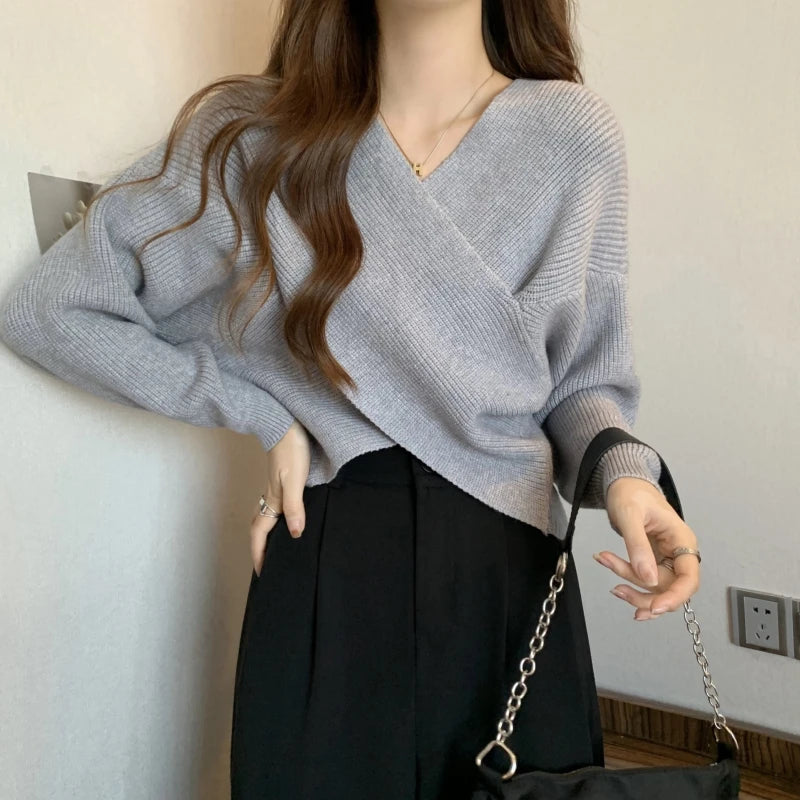 2025 New Korean Style Casual Slim Fit Knitted Top – Cross Neck Lazy Sleeve Design Sensation