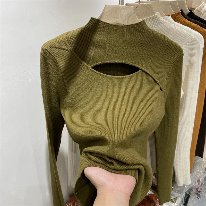 Women's Slim Knit Sweater | Autumn Winter Pullover Top | Long Sleeve Elastic Knitted Shirt for Women