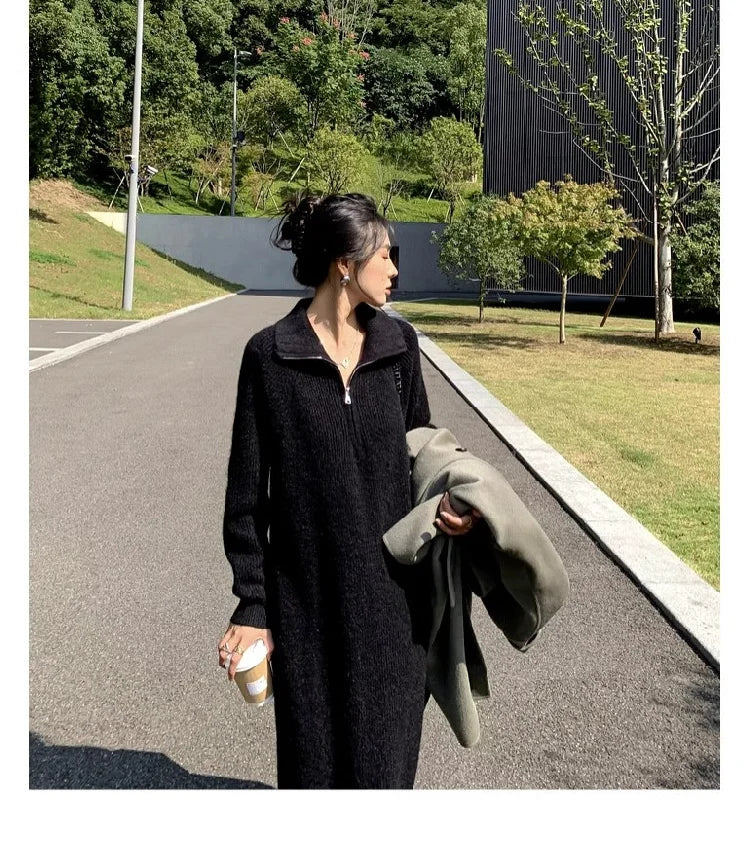 2025 Spring Autumn Knitted Midi Dress for Women | Long Sleeve Loose Fit Base Layer Straight Cut Polyester Dress