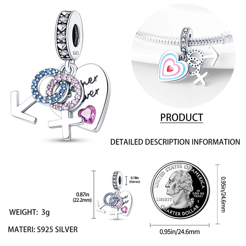 925 Sterling Silver Sweetheart Sister Charm | Fit Original Pandora & 3mm Bracelets DIY Jewelry Gift for Women