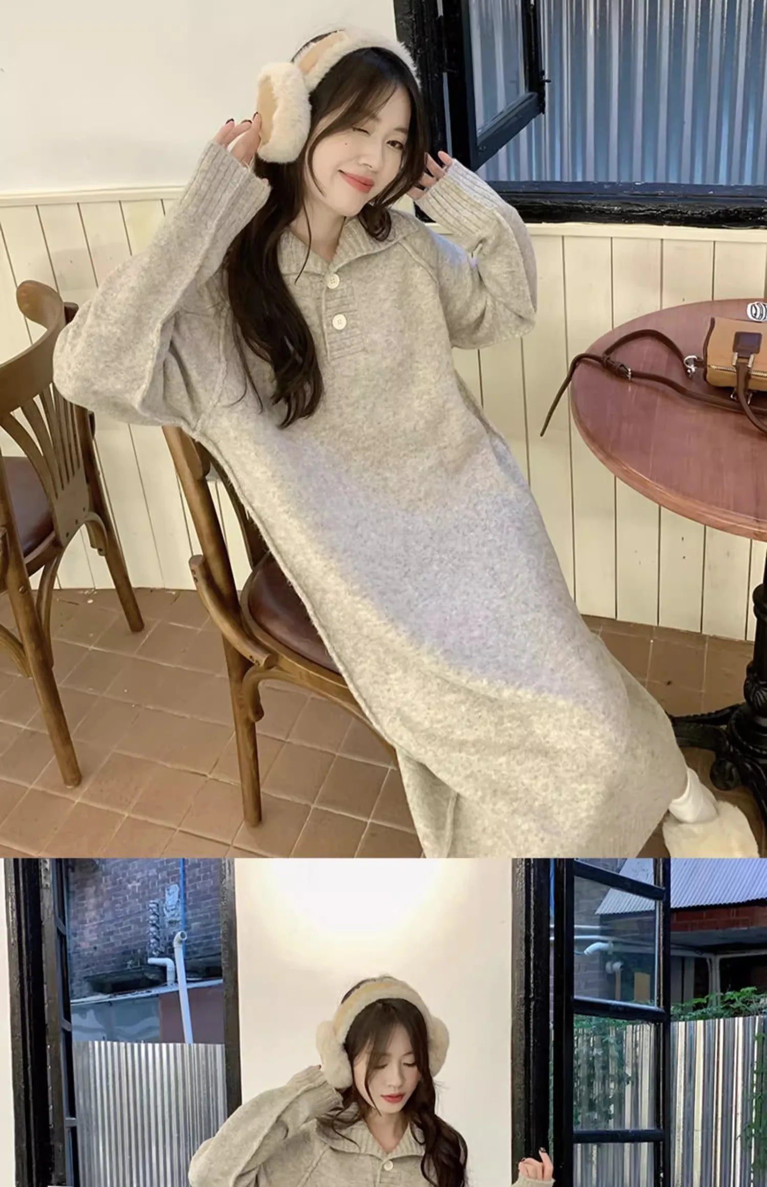 Women’s V-Neck Knitted Dress – Loose Fit Mid-Length Knee-Over Sweater Dress, Autumn Winter Base Layer Inner Wear