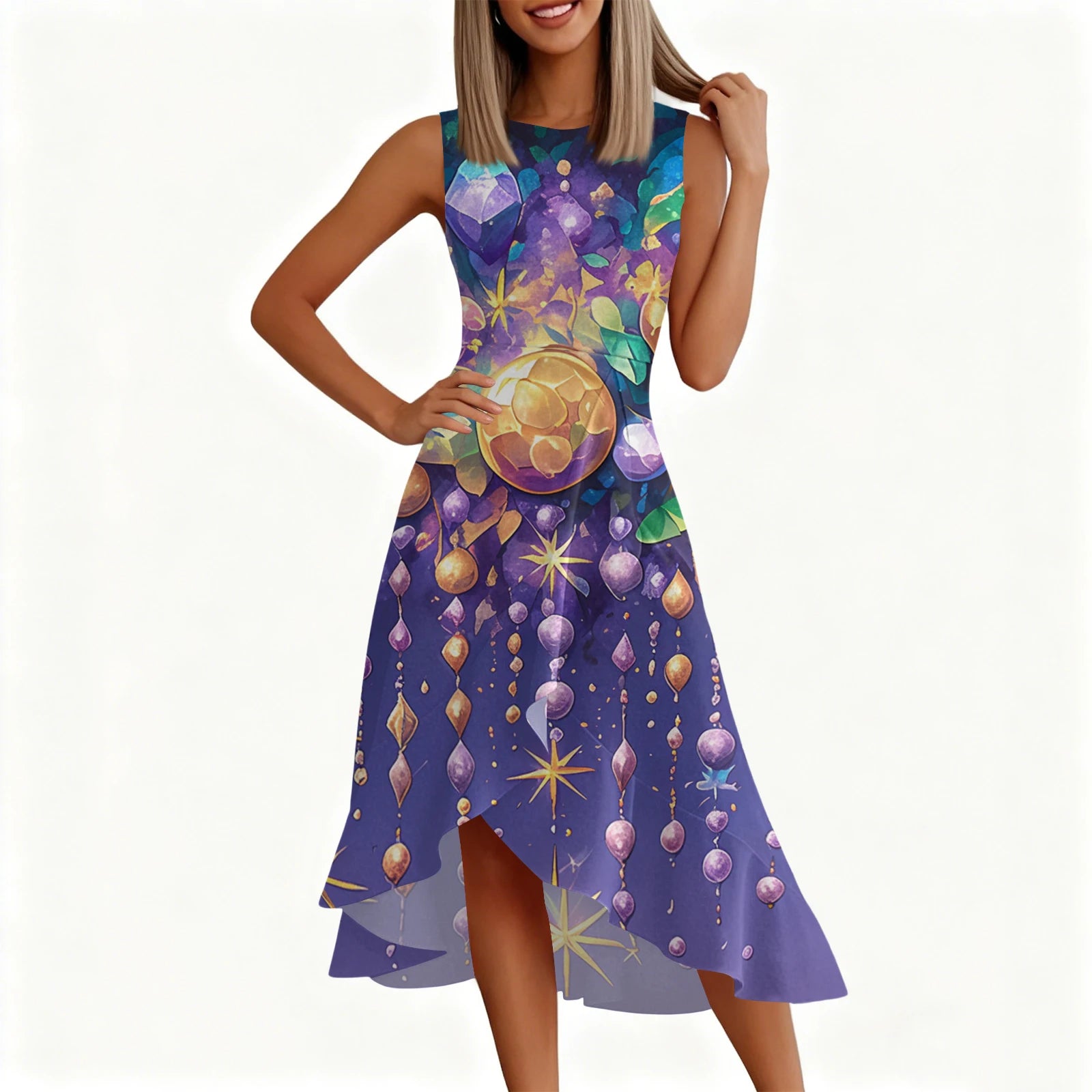 Carnival Women's Dress 🎉 Ruffled Printed Casual Dress 👗 Sleeveless Round Neck Stylish Festival Costume ✨